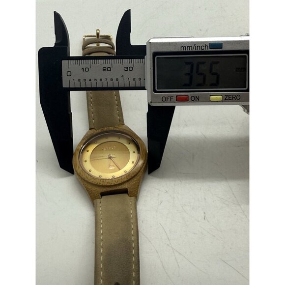 Tempus Genuine Handcrafted Wood Round Unisex Watch Faux Leather Band Light Brown - Picture 5 of 7